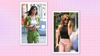 Bella Hadid and Emily Ratajkowski pictured wearing tank tops / in a pink and purple two-picture template