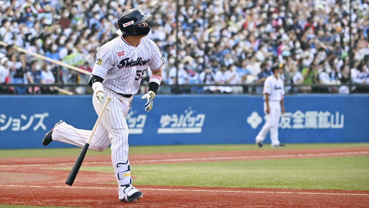 Munetaka Murakami of the Yakult Swallows hits a two-run home run