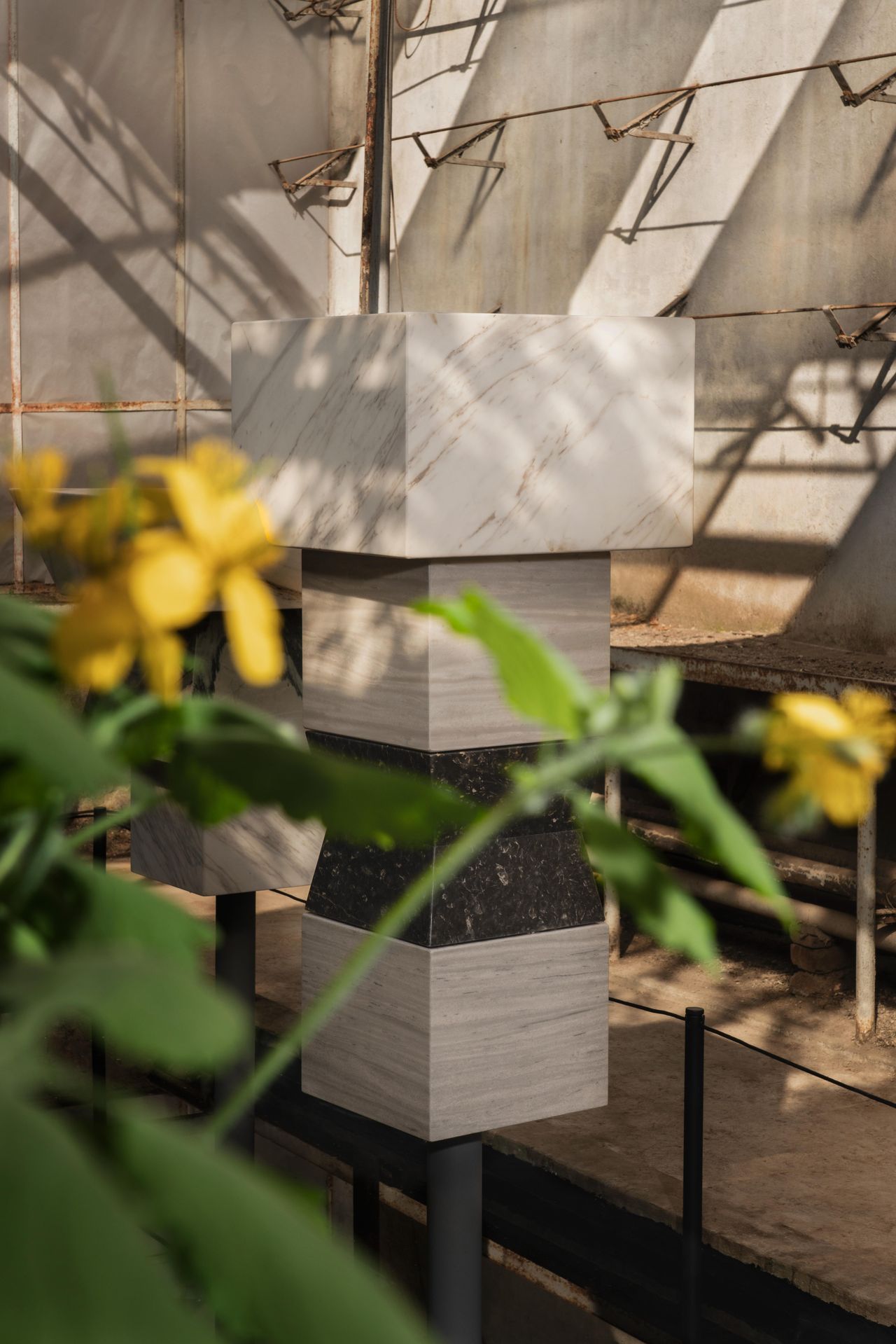 Sculptural Marble objects in abandoned glasshouse