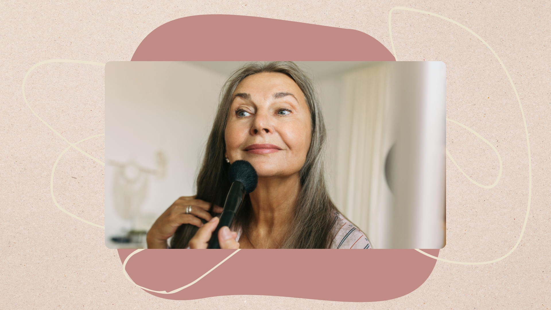 Landscape image of woman applying makeup set in front of fine line illustrations and an abstract pink shape on a beige background