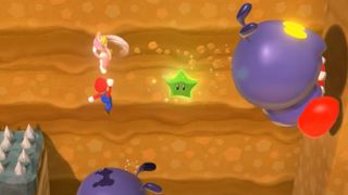 Mario and Peach jumping on Ant Troopers to reach Star.