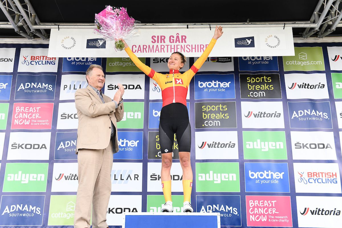 Picture by Simon Wilkinson/SWpix.com - 10/06/2022 - Cycling - The Women&acirc;s Tour 2022 - Stage Five - Pembrey Country Park to The Black Mountain, Wales - Joss Lowden of Team Uno X Pro Cycling on the podium winning the combativity award