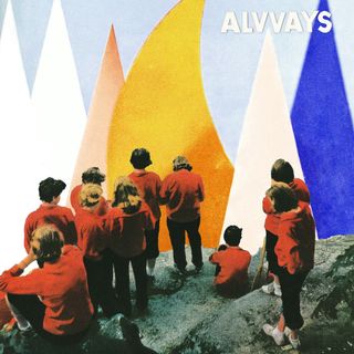 Alvvays' Antisocialites album cover shows an old photo of people in red sweatshirts on rocks, looking towards a background that's been replaced by huge blue, white and yellow triangles