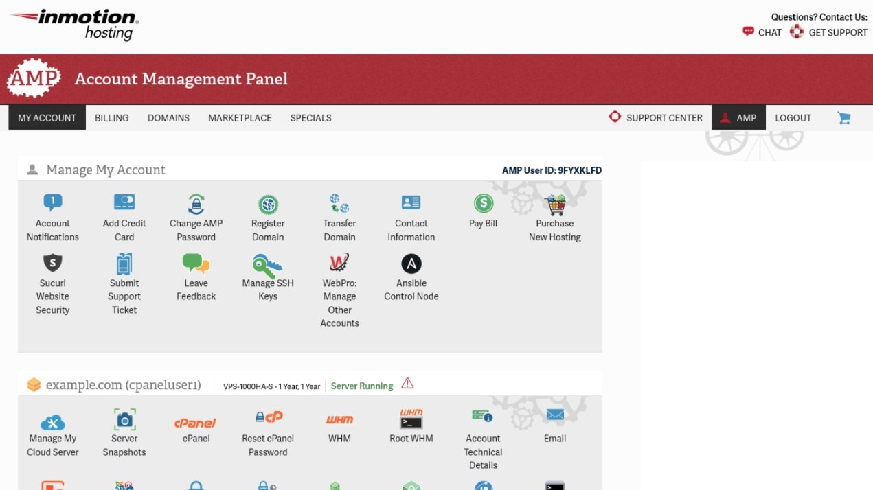 InMotion Hosting's AMP management interface demonstrated