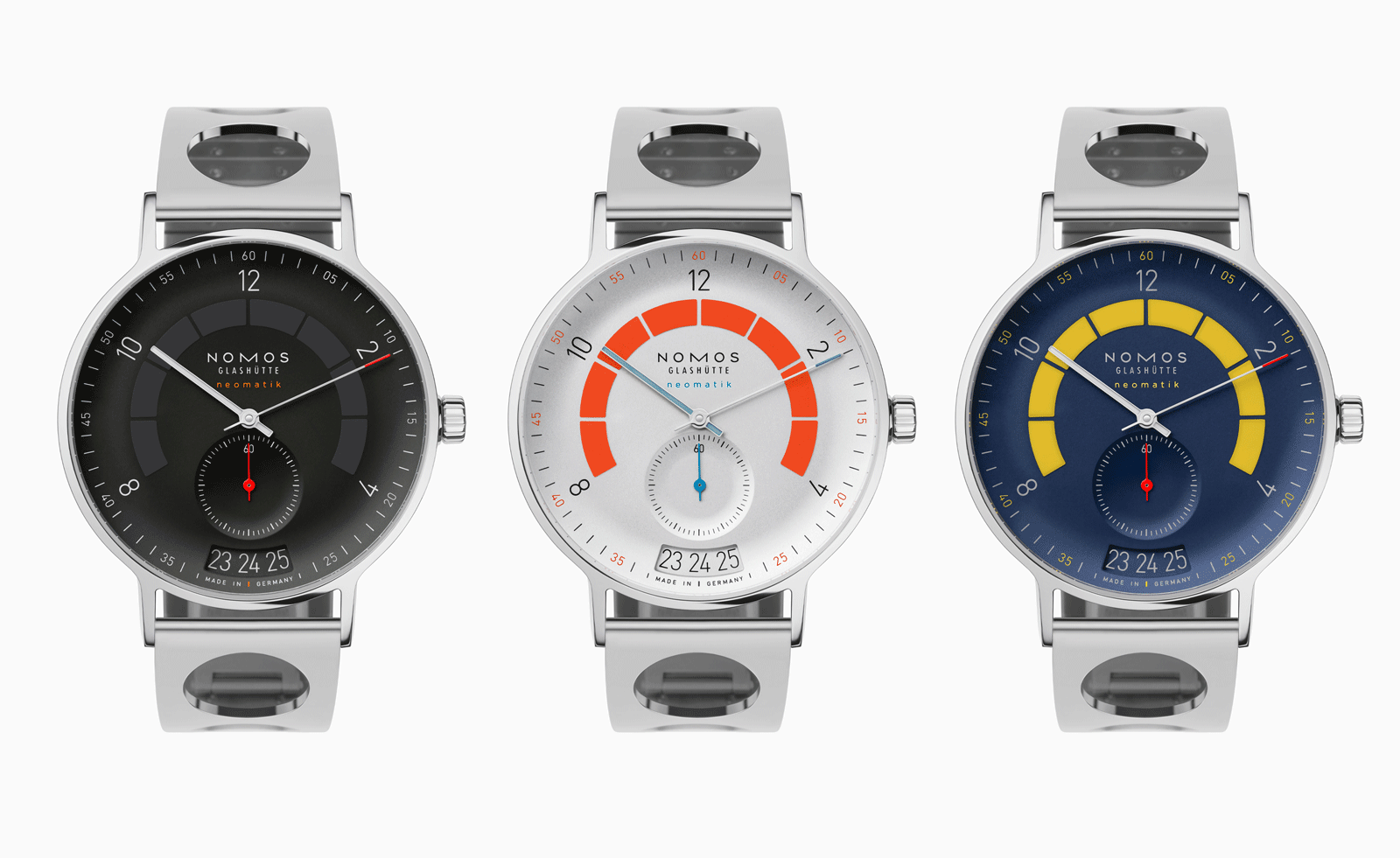 Three nomos watches with different dial patterns
