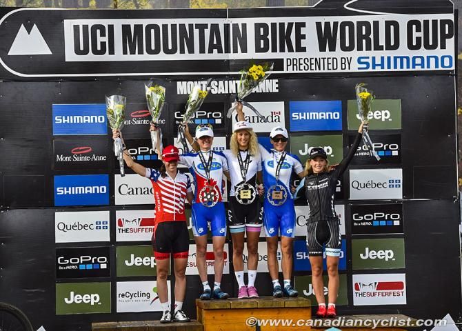 Elite Women podium: Lea Davison, Catharine Pendrel, Jolanda Neff, Katarine Nash, Emily Batty