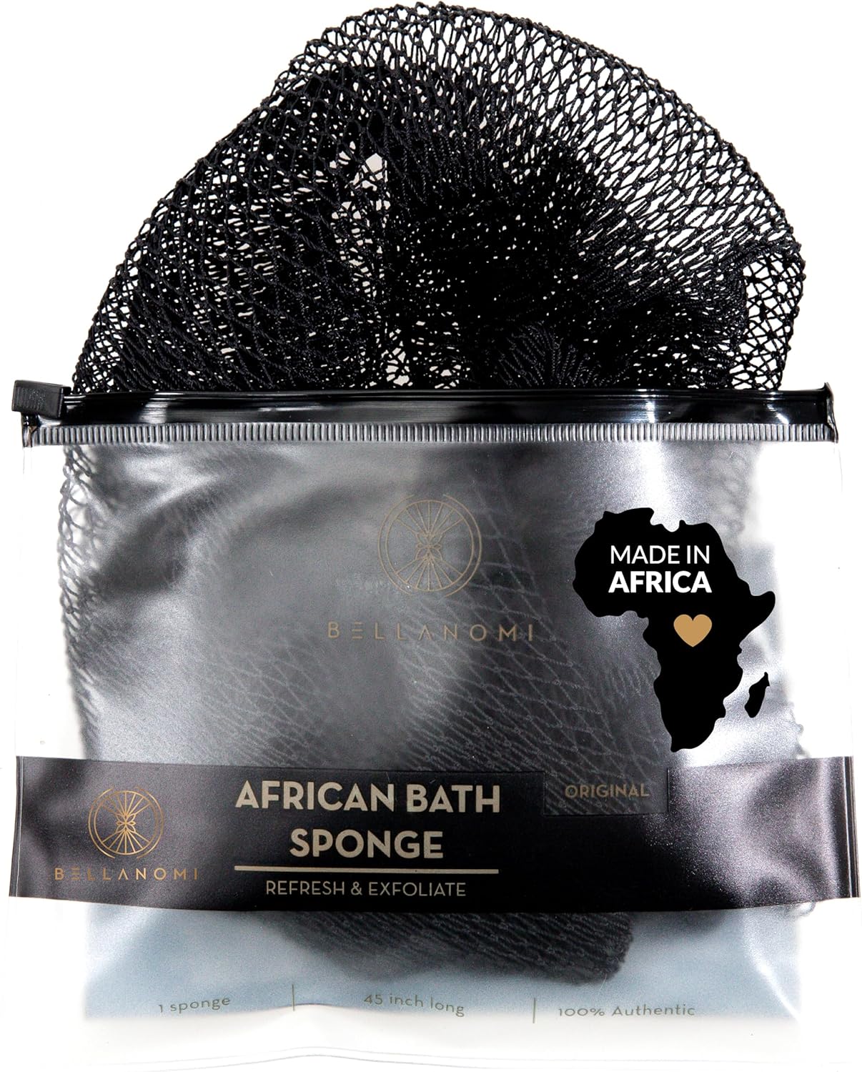 Bellanomi African Exfoliating Net Sponge, Authentic, Ethically Sourced From Nigeria, 45 Inches Long, Back Scrubber for Daily Use (black)