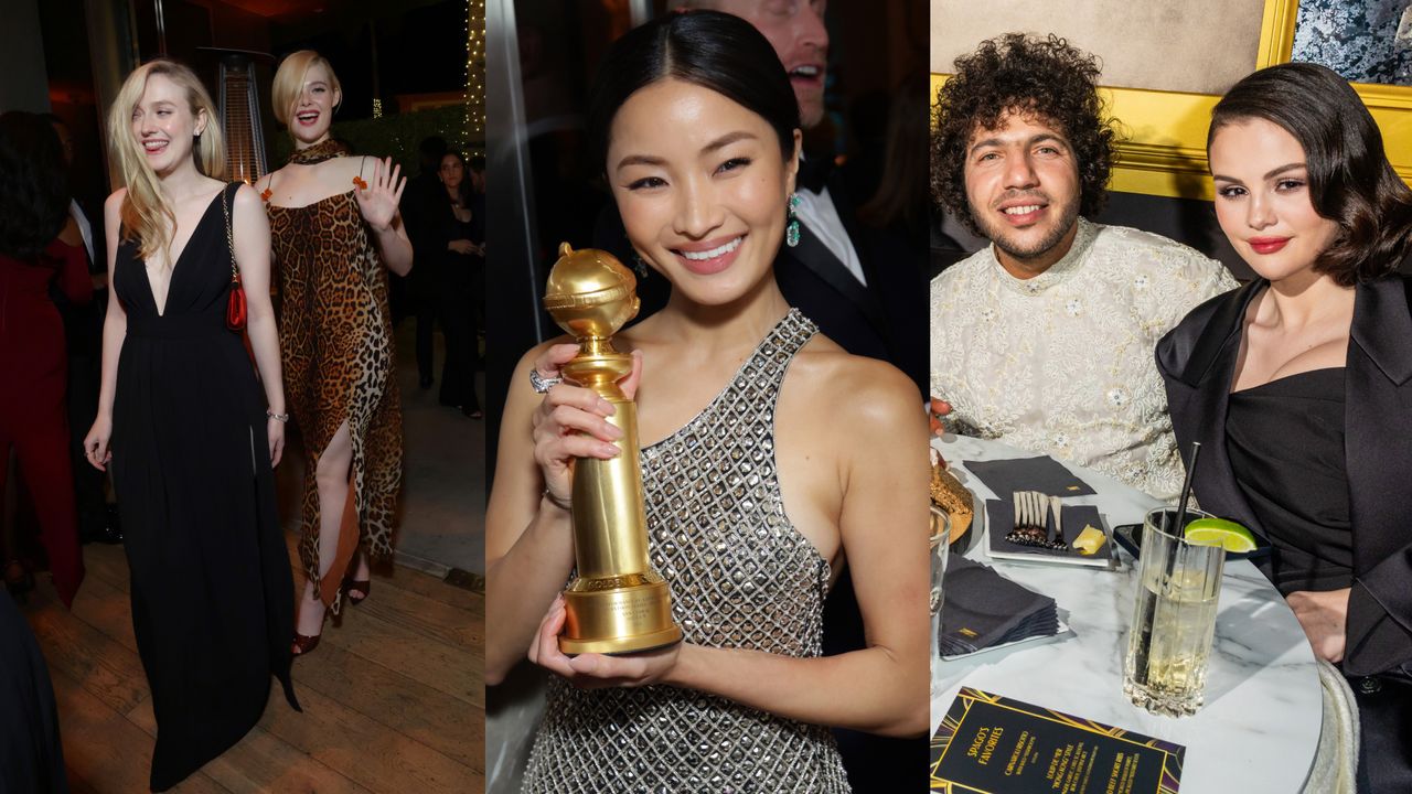 Elle Fanning, Dakota Fanning, Anna Sawai, Benny Blanco, and Selena Gomez attending 2025 Golden Globes after parties