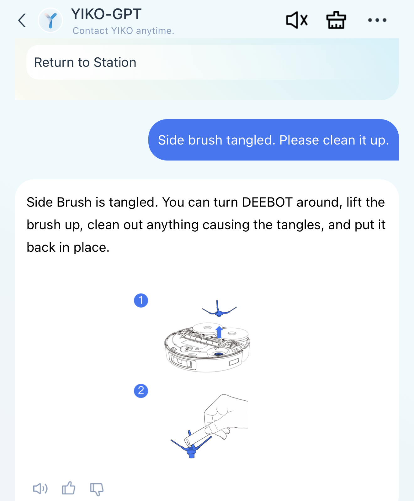 YIKO-GPT chat assistant in the Ecovacs Home app providing troubleshooting advice for a tangled side brush