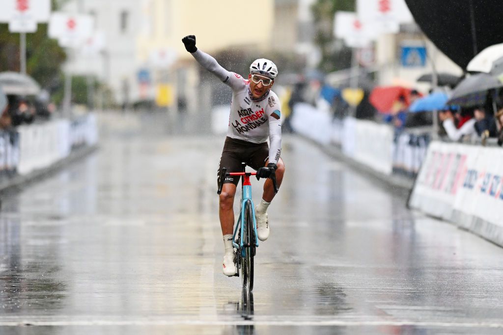 LAIGUEGLIA ITALY MARCH 01 Nans Peters of France and Ag2R Citroen Team celebrates at finish line as race winner during the 60th Trofeo Laigueglia 2023 a 2013km one day race in Laigueglia TrofeoLaigueglia on March 01 2023 in Laigueglia Italy Photo by Dario BelingheriGetty Images