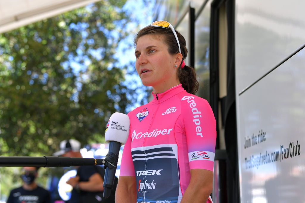 ARCIDOSSO ITALY SEPTEMBER 12 Start Elisa Longo Borghini of Italy and Team Trek Segafredo Pink Leader Jersey during the 31st Giro dItalia Internazionale Femminile 2020 Stage 2 a 1248km stage from Civitella Paganico to Arcidosso GiroRosaIccrea GiroRosa on September 12 2020 in Arcidosso Italy Photo by Luc ClaessenGetty Images