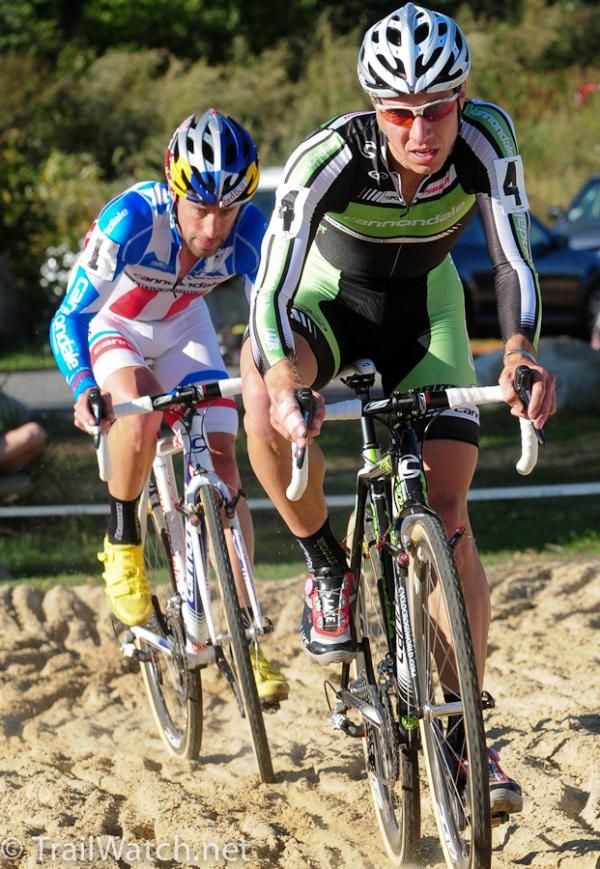 Jeremy Powers (Cannondale-Cyclocrossworld.com) leads teammate Tim Johnson through the sand pit
