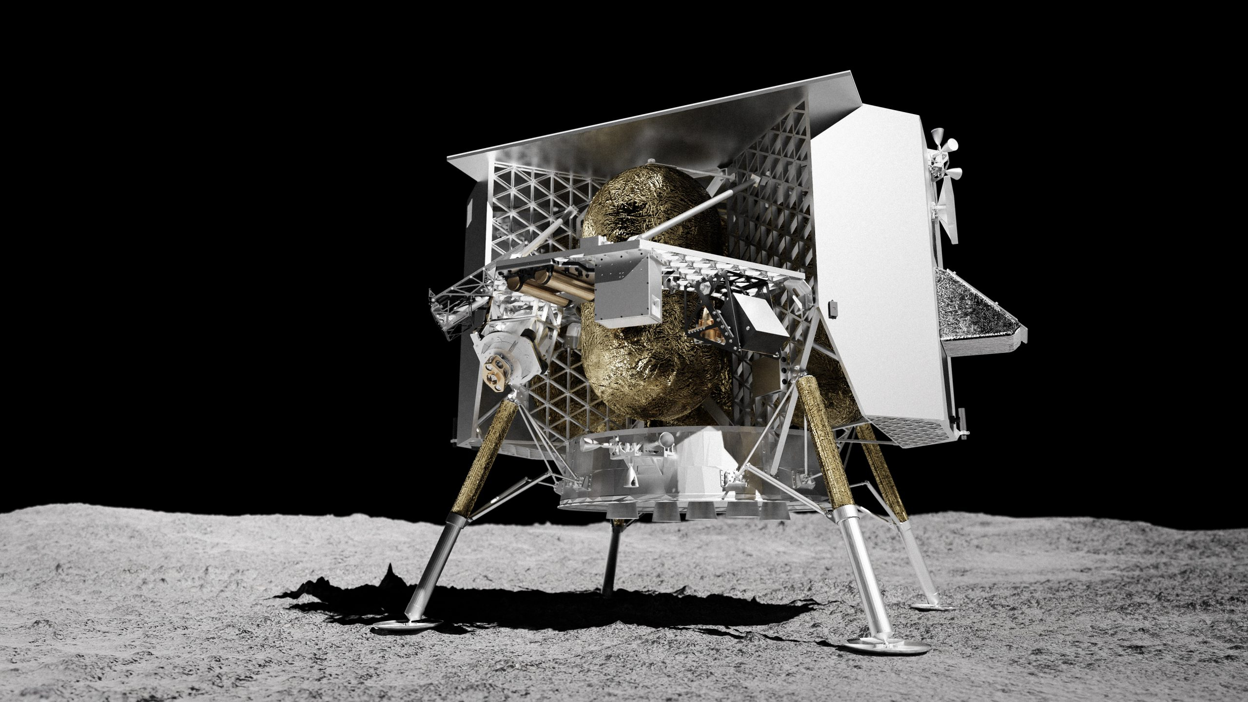 a four-legged lander probe with an open-face metal body, housing two stacked, gold-foiled, spherical fuel tanks. The probe stands on the grey dusty surface of the moon, lit from above, with a background of black space.