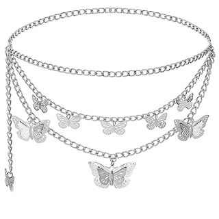 Liutufy Women Body Chains Retro Multi-Layer Butterfly Waist Chain Trend Hollowed Out Pendant Decorative (silver Butterfly-L)