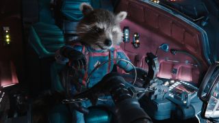 Rocket Raccoon sitting in a ship&#039;s cockpit in Guardians of the Galaxy Vol 3.