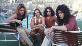 Van Halen with Dace Lee Roth, posing next to a swimming pool