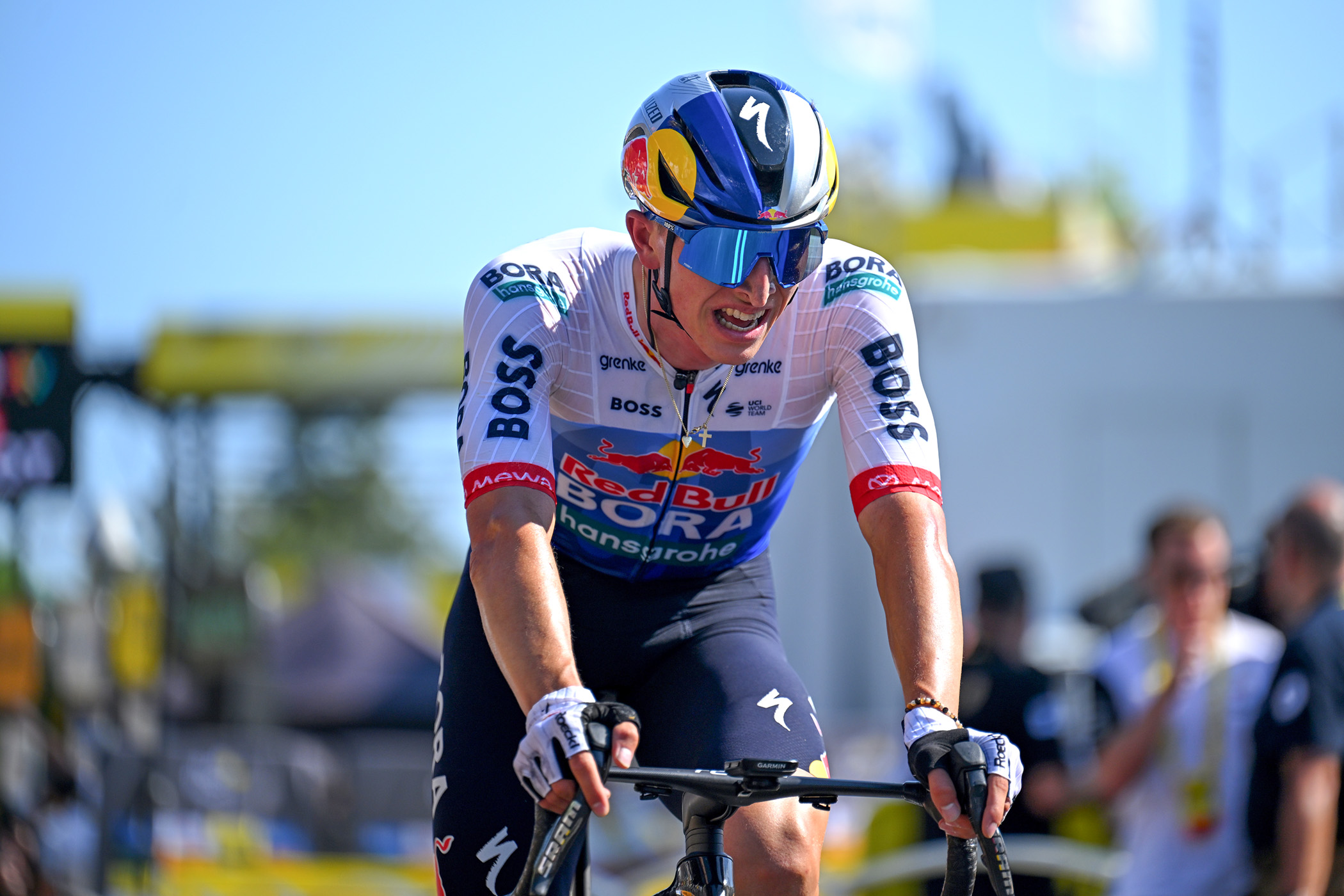 Florian Lipowitz at the finish of stage 2 of the Tour de France in Barcelona