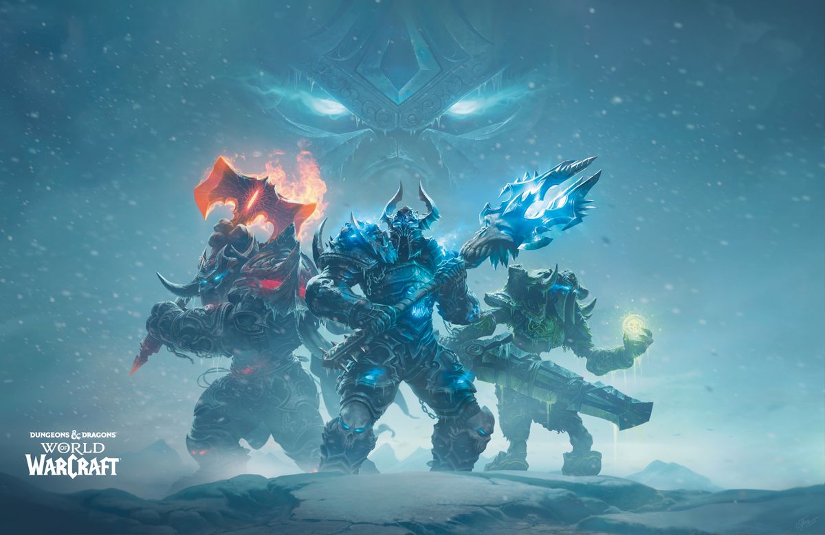 A group of three warriors in a blizzard, with Arthas watching down on them