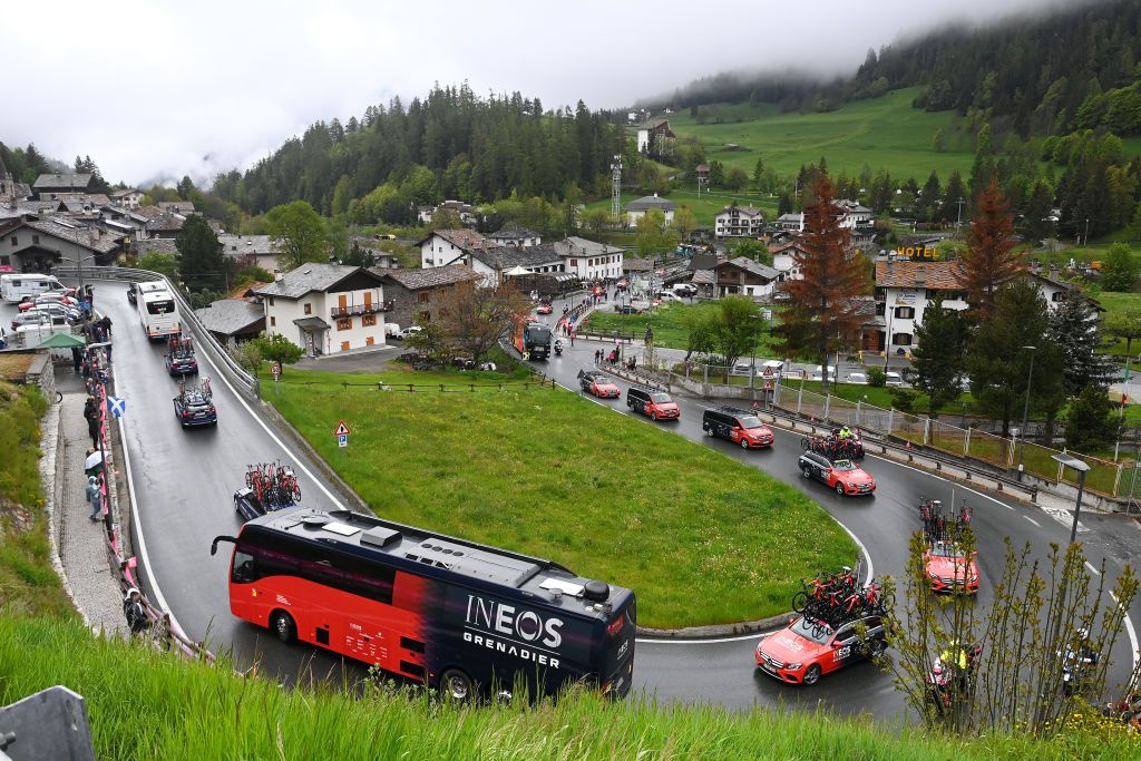 CRANSMONTANA SWITZERLAND MAY 19 Team INEOS Grenadiers cars and bus on its way to the new start localisation during the 106th Giro dItalia 2023 Stage 13 a 75km stage from Le Chable to CransMontana Valais 1456m Stage shortened due to the adverse weather conditions UCIWT on May 19 2023 in CransMontana Switzerland Photo by Tim de WaeleGetty Images