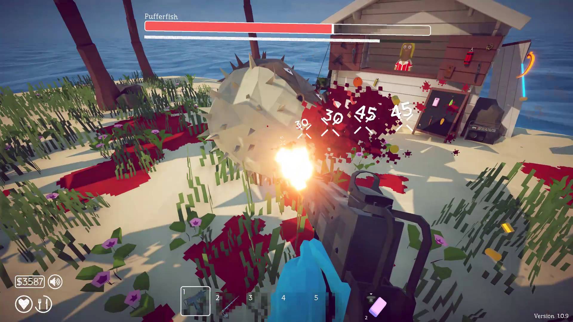 How to Fish player shooting expanded pufferfish with SMG near the shop