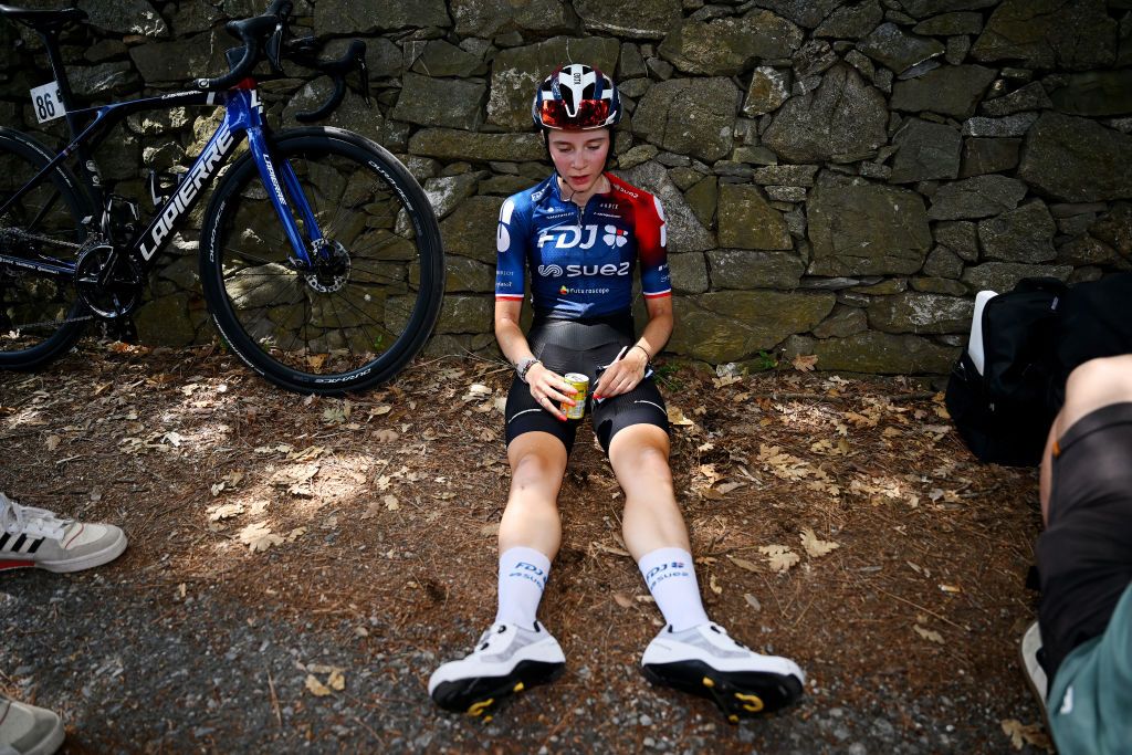 ALASSIO ITALY JULY 06 Evita Muzic of France and Team FDJ Suez reacts after during the 34th Giro dItalia Donne 2023 Stage 7 a 1091km stage from Albenga to Alassio Santuario della Guardia 551m UCIWWT on July 06 2023 in Alassio Italy Photo by Dario BelingheriGetty Images