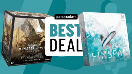 Monster Hunter board game and Finspan box on either side of a GamesRadar+ 'best deal' badge, all against an aqua background with crosses