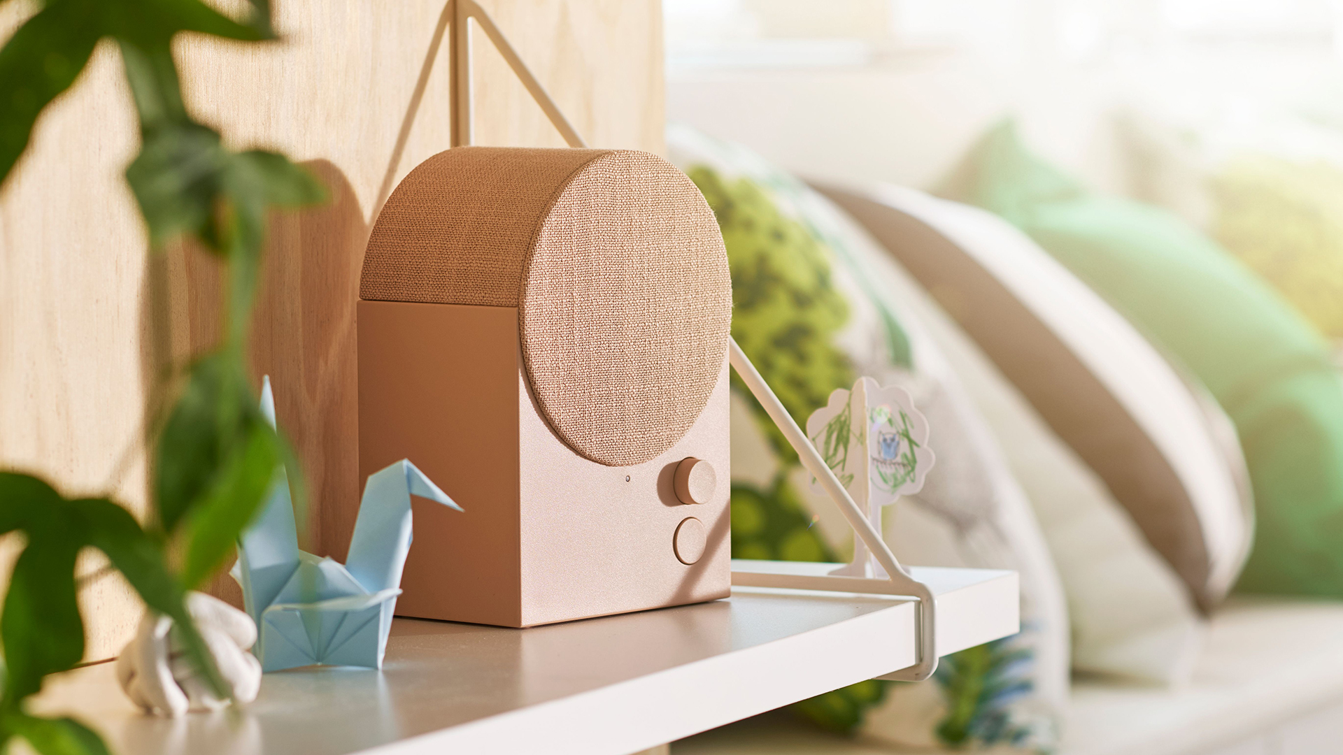 IKEA NATTBAD Bluetooth speaker in pink on a shelf
