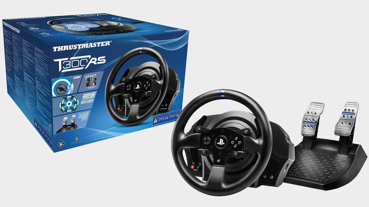 A picture of a Thrustmaster racing wheel with box on a grey background