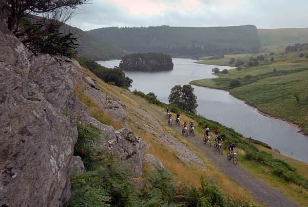 A small group rides together.