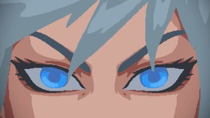 A close-up of a brightly blue-eyed person with winged eyeliner and gray hair sweeping over eyes