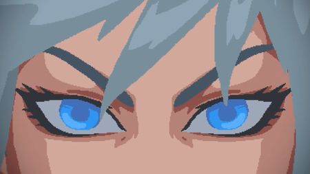 A close-up of a brightly blue-eyed person with winged eyeliner and gray hair sweeping over eyes