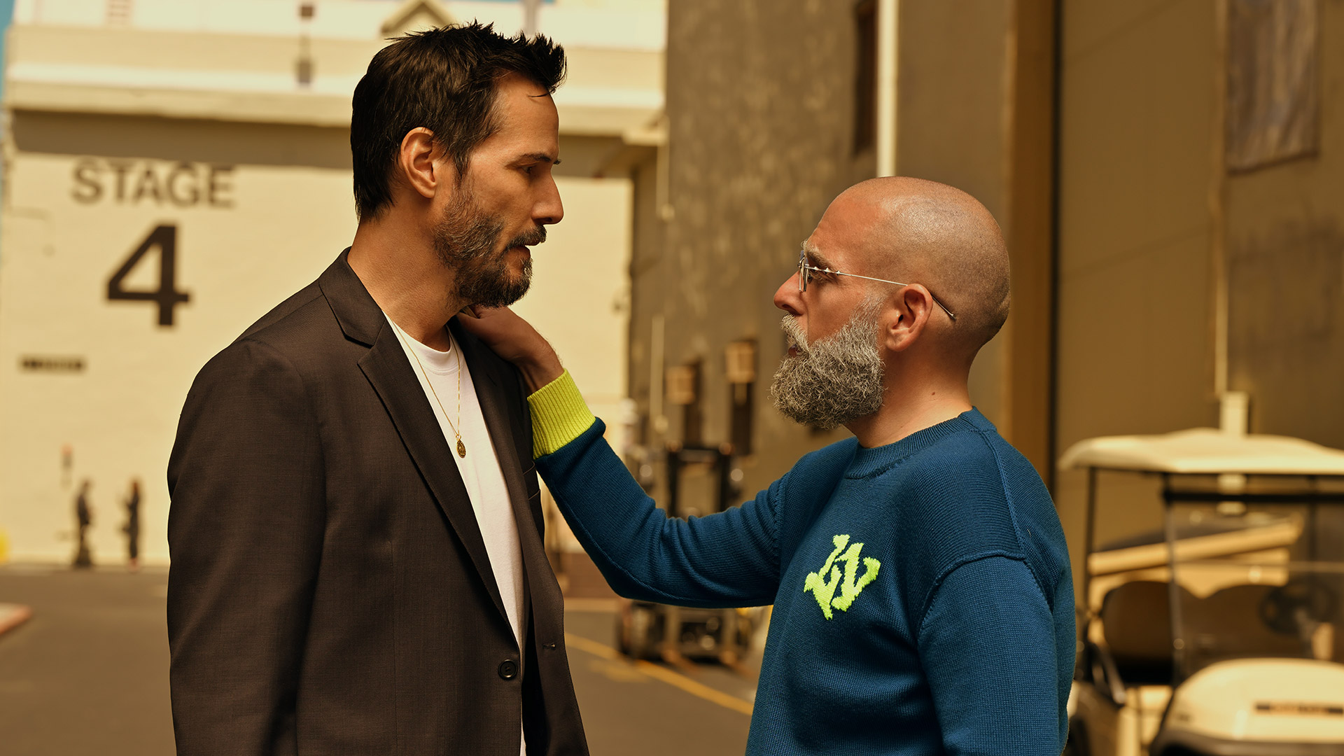 Keanu Reeves and Jonah Hill in the new Apple TV movie Outcome