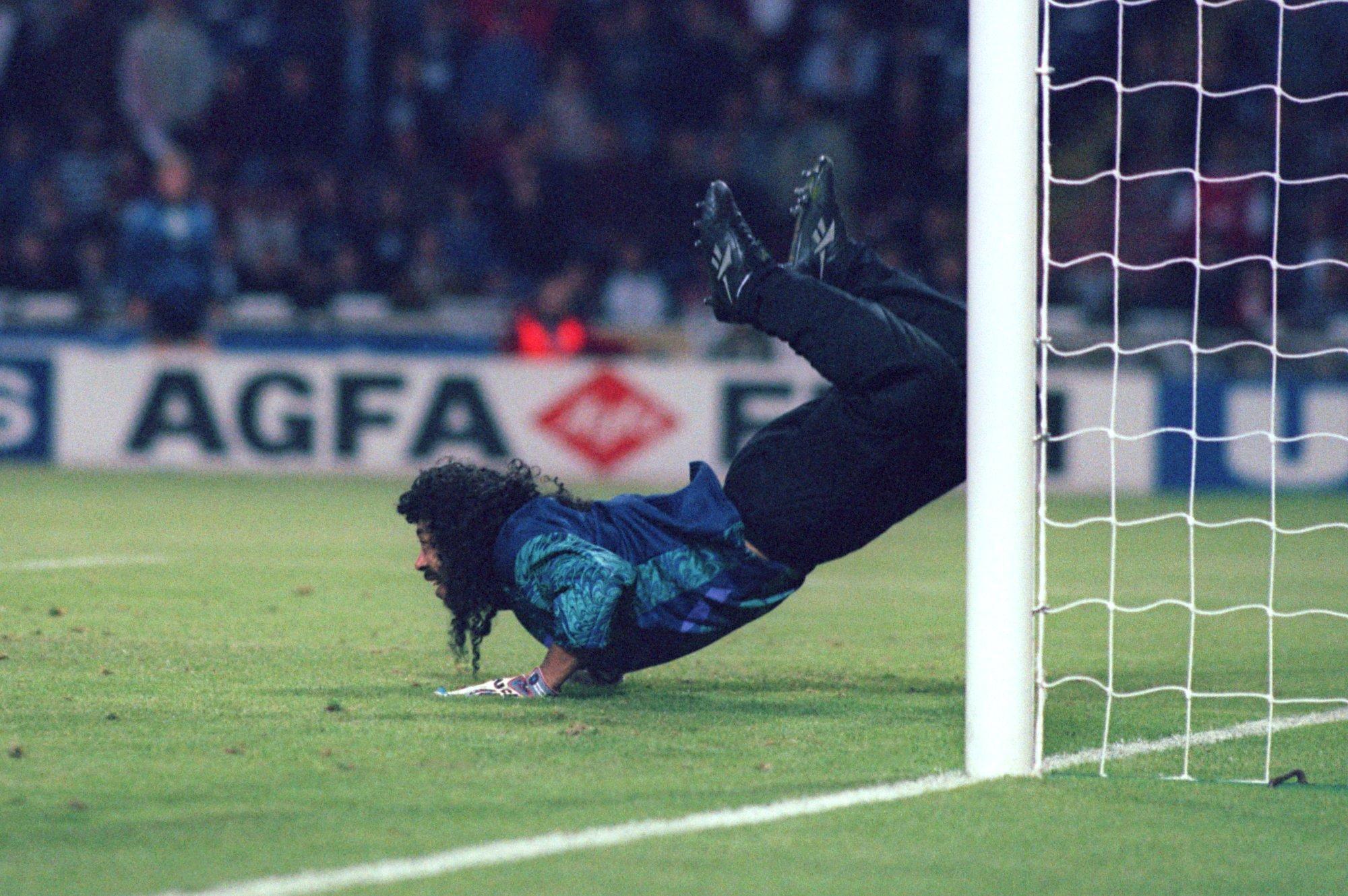 Rene Higuita performs his iconic scorpion kick for Colombia against England in 1995.