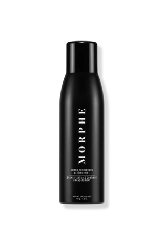 An opaque black can of Morphe setting spray against a white background.