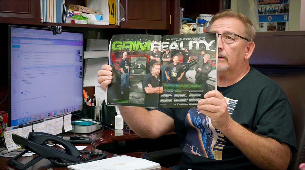 Mark Warman, famed restorer of late 1960s/early 1970s Mopar muscle cars and host of the long-running reality TV show “Graveyard Carz,” at his eponymous auto-restoration shop. 