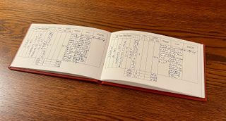 Ingenuity team members record statistics and notes about each flight in a log book; this spread shows the entries for the helicopter's ninth and 10th flights.
