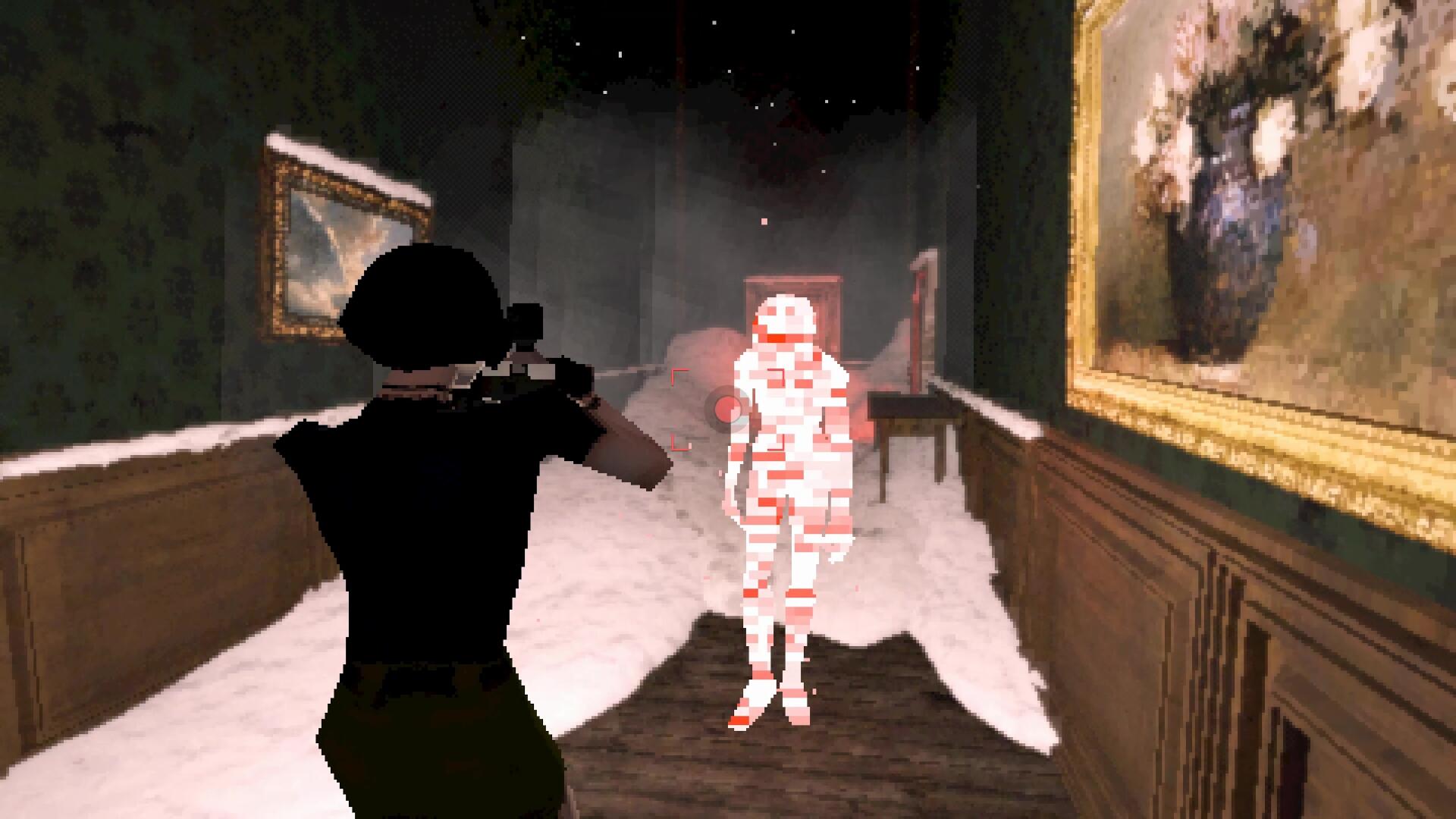 Snow fills a hallway in Heartworm and a TV static enemy glowing red approaches while Sam readies her camera to snap a photograph