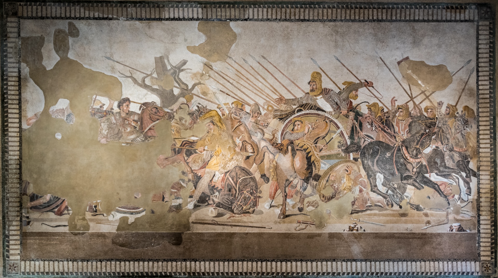 A full view of the mosaic of Alexander the great, which features him riding into battle on a horse