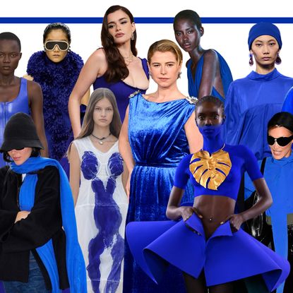the klein blue cobalt blue 2026 color trend on fashion models and celebrities, including Kendall Jenner, Jessie Buckley, Barbie Ferrera, and Bella Hadid