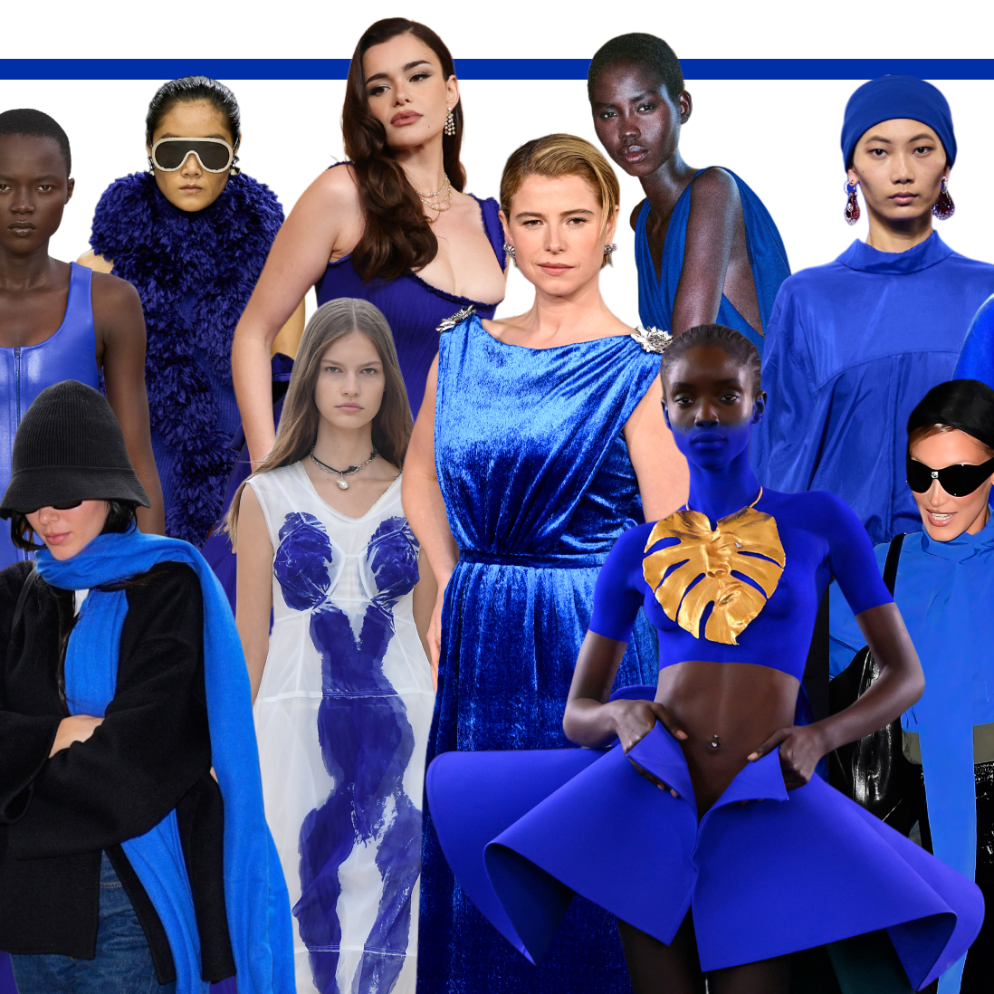 the klein blue cobalt blue 2026 color trend on fashion models and celebrities, including Kendall Jenner, Jessie Buckley, Barbie Ferrera, and Bella Hadid