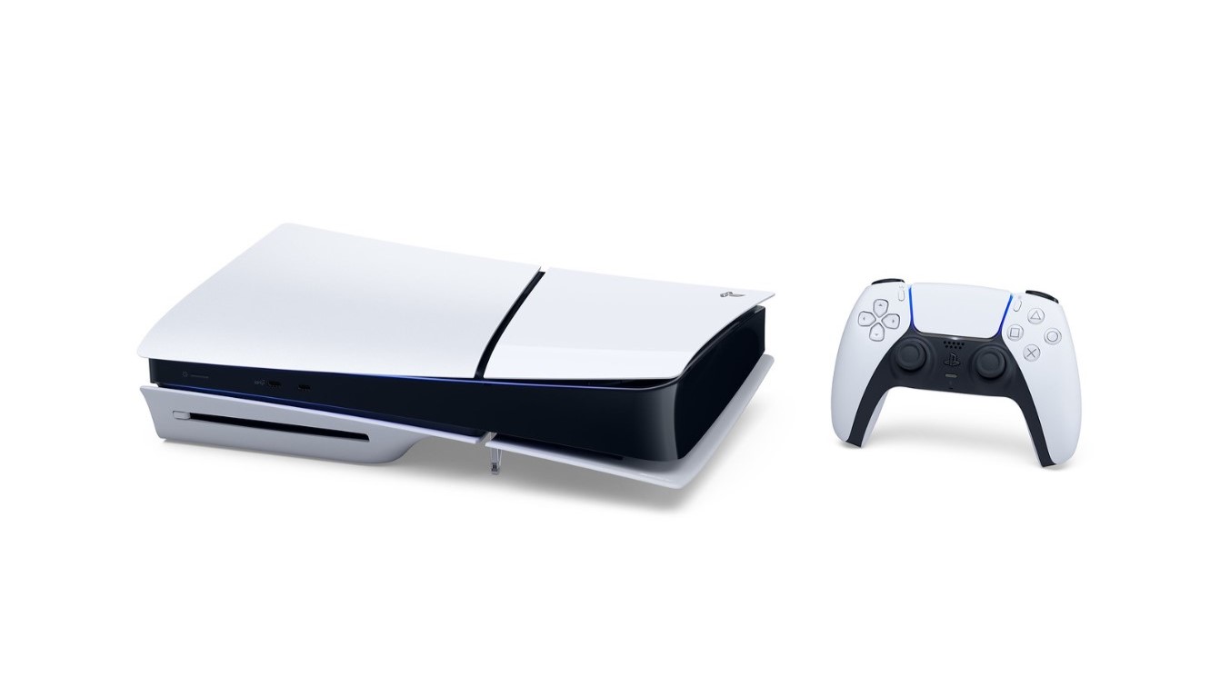 The new PS5 model releasing in November 2023 shown in the horizontal position.