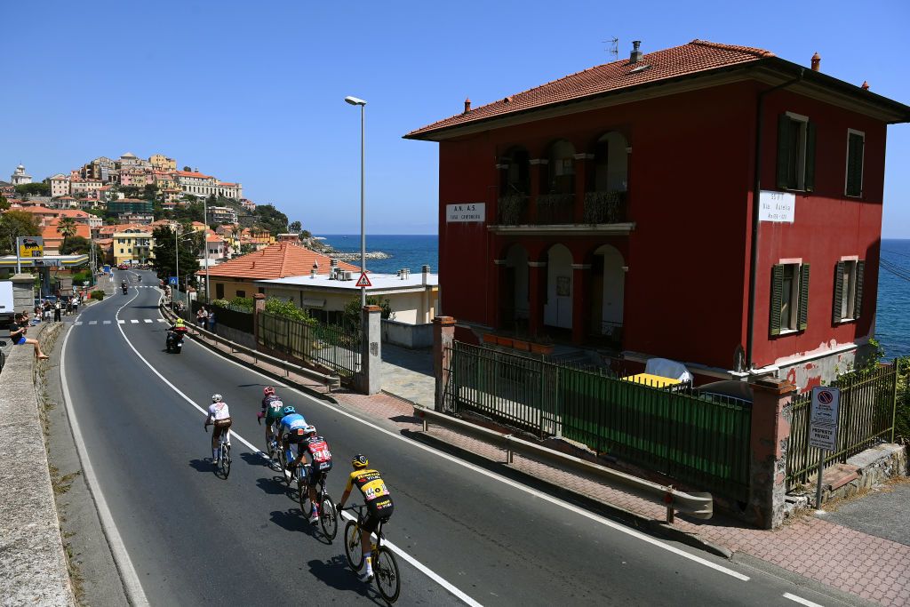 CUNEO ITALY MAY 20 Nicolas Prodhomme of France and AG2R Citroen Team Filippo Tagliani of Italy and Team Drone Hopper Androni Giocattoli Sidermec Julius Van Den Berg of Netherlands and Team EF Education Easypost Mirco Maestri of Italy and EoloKometa Cycling Team and Pascal Eenkhoorn of Netherlands and Team Jumbo Visma in the breakaway passing through Imperia city during the 105th Giro dItalia 2022 Stage 13 a 150km stage from Sanremo to Cuneo 547m Giro WorldTour on May 20 2022 in Cuneo Italy Photo by Tim de WaeleGetty Images