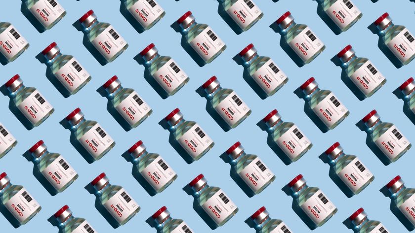 An illustration of a repeating pattern of COVID vaccine vials