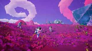 Spacesuited characters explore an exoplanet with purplish planets in a video game.