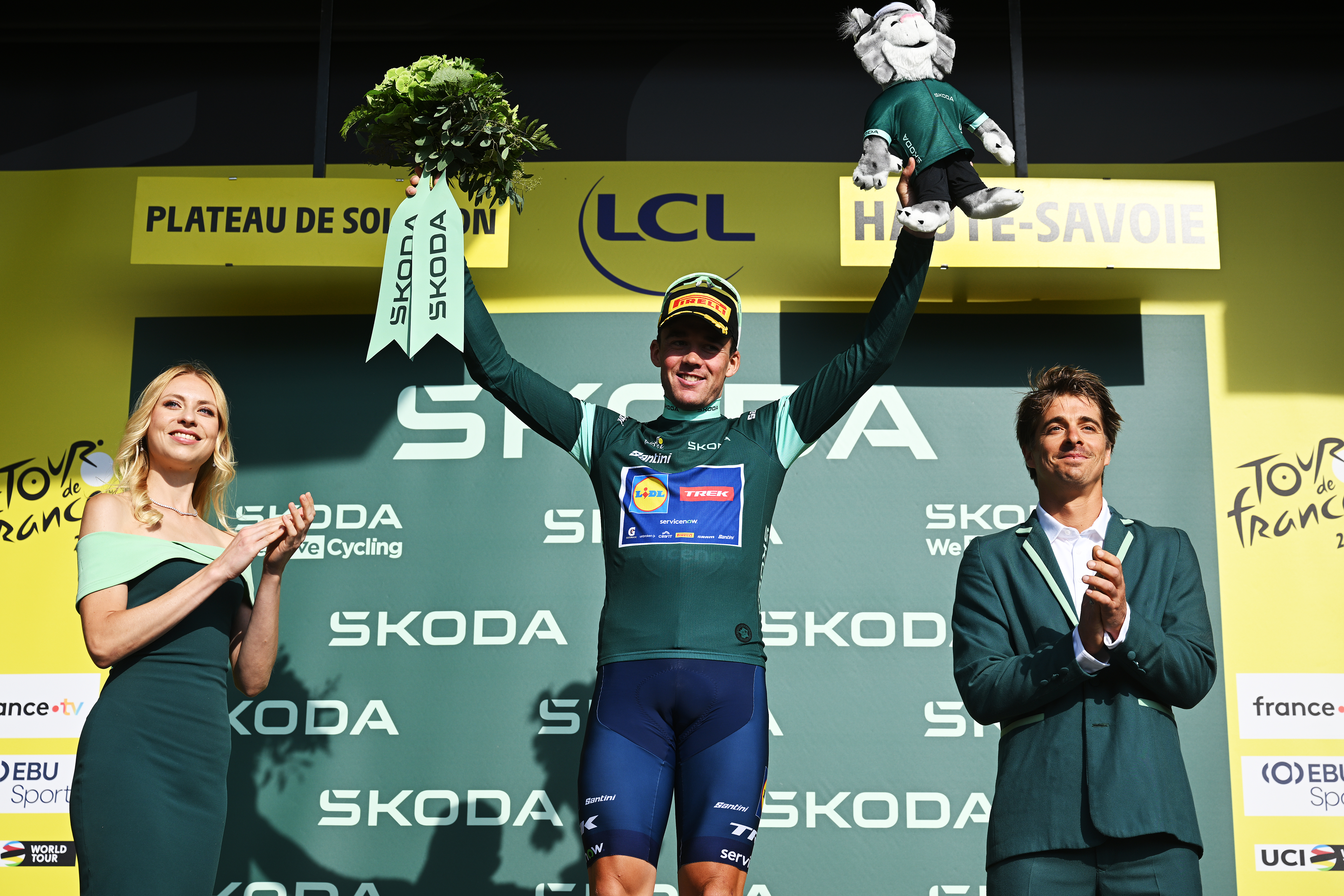 PLATEAU DE SOLAISON, FRANCE - JULY 19: Mads Pedersen of Denmark and Team Lidl - Trek celebrates at podium as Green Sprint Jersey winner during the 113th Tour de France 2026, Stage 15 a 183.9km a 155.3km stage from Champagnole to Plateau de Solaison 1501m / #UCIWT / on July 19, 2026 in Plateau de Solaison, France. (Photo by Dario Belingheri/Getty Images)