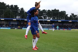 KINGSTON UPON THAMES, ENGLAND - FEBRUARY 09: Mayra Ramirez of Chelsea celebrates with teammate Johanna Rytting Kaneryd after scoring her team's second goal during The Adobe Women's FA Cup Fifth Round match between Chelsea and Everton at Kingsmeadow on February 09, 2025 in Kingston upon Thames, England. (Photo by Richard Pelham - The FA/The FA via Getty Images)