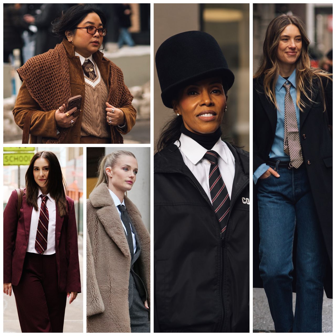 collage of women wearing neckties 