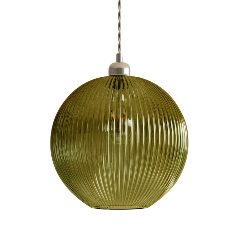 A spherical green glass pendant light