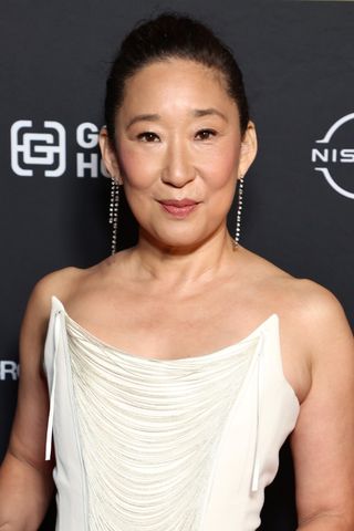 Sandra Oh is pictured with her hair in a bun at attends Gold House And Macro One House Toast To The Emmys event at The Maybourne Beverly Hills on September 12, 2024 in Beverly Hills, California.