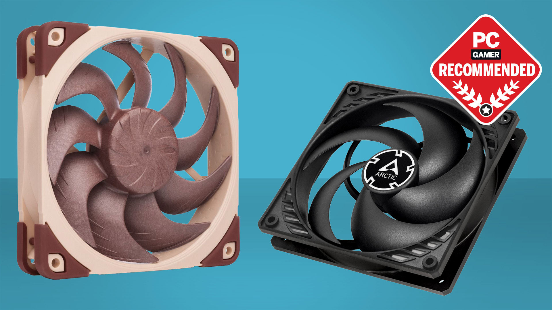 The best PC fans on a blue background with a PC Gamer recommended badge in the top right.